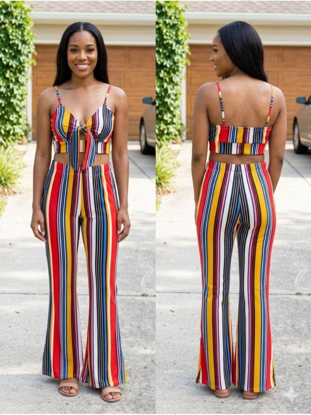 Bondel Striped 2 Piece Crop Top Flare Pants Set M ZP14965  Retro Flare
